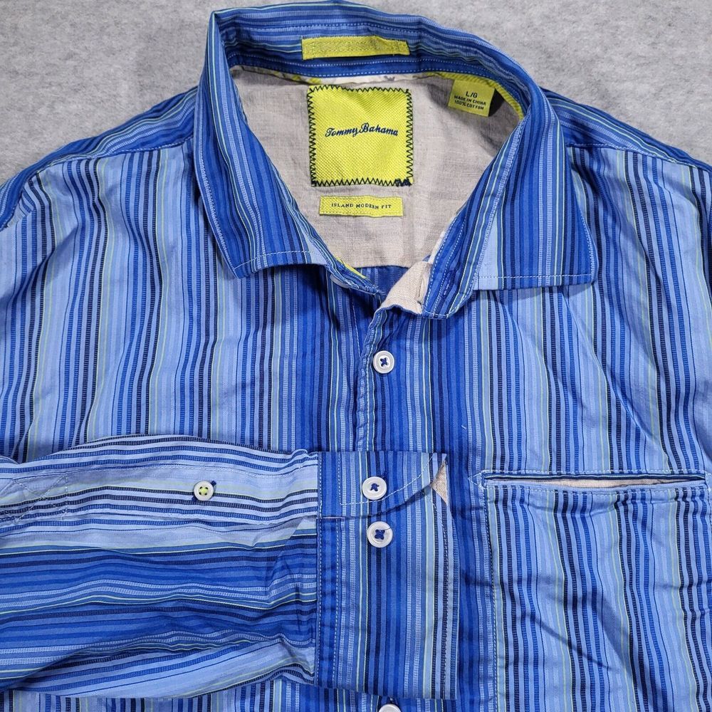 Tommy‎ Bahama Mens Large Island Modern Fit Blue Stripe Long Sleeve Shirt